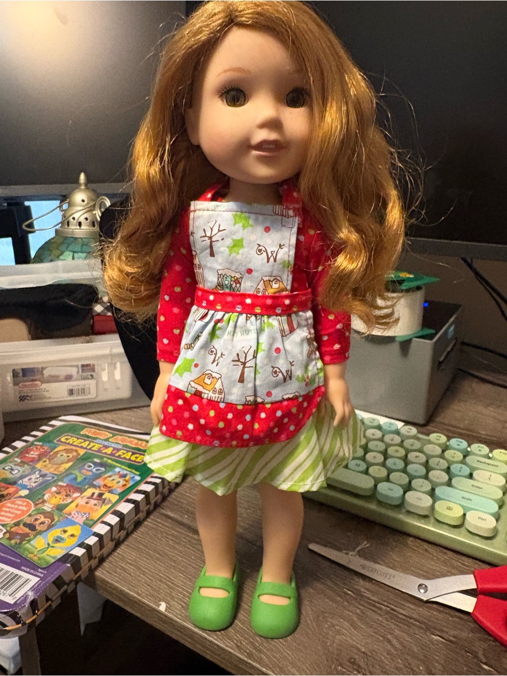 American Girl Wellie wisher doll with red green dress and lime shoes. - Picture 2 of 9